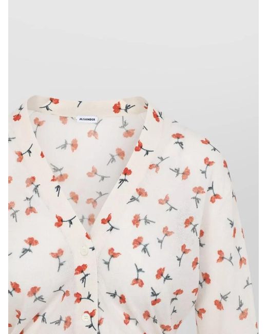 Jil Sander White Cropped V Neck Floral Knit Cardigan