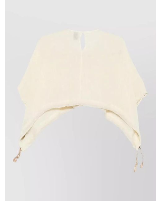 120% Lino Natural Linen Blouse Cropped Silhouette Tassel Detail
