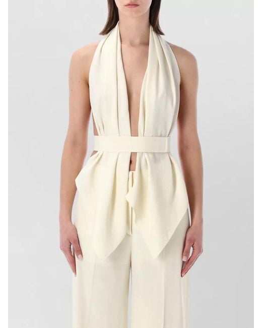 Alberta Ferretti Natural Belted Halterneck Top Draped Front Open Back