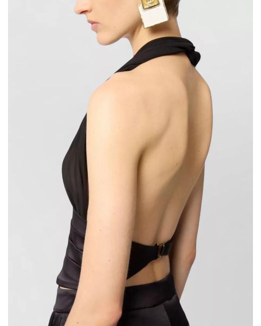 Nina Ricci Black Silk V-Neck Bow-Detail Halterneck Blouse