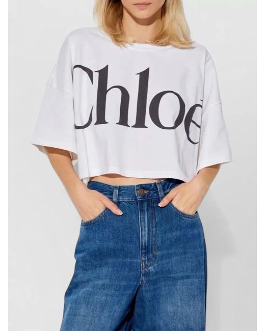 Chloé White Cotton Printed Oversized Cropped T-Shirt