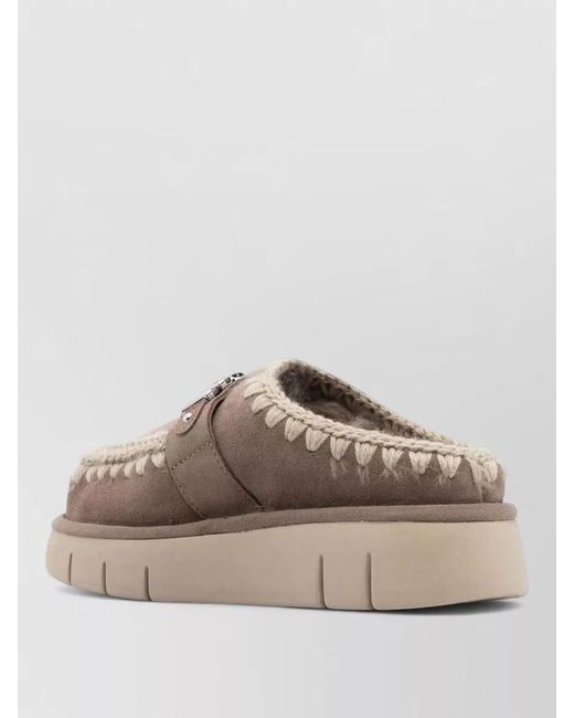 Mou Brown Slippers Embroidered Motif Flat Sole Round Toe