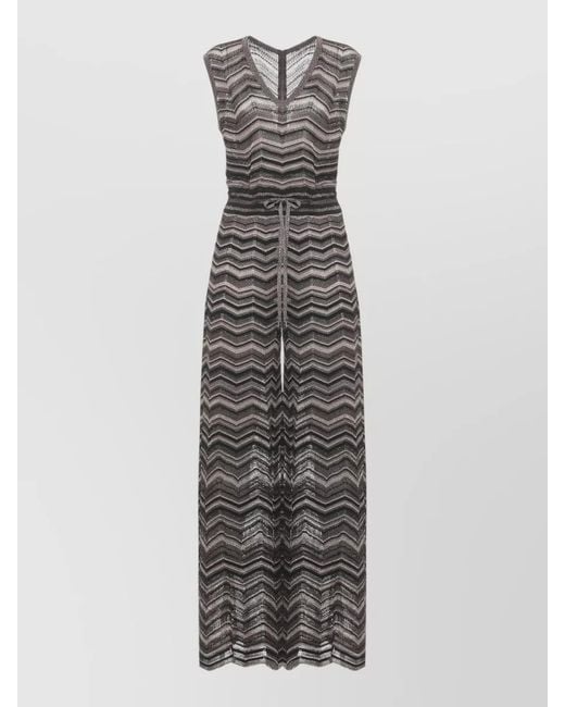 D.exterior White Knit Jumpsuit Geometric Pattern Lurex Belt