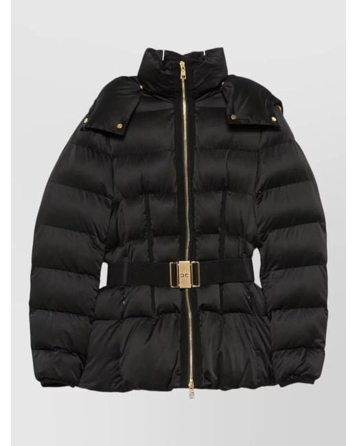 Elisabetta Franchi Black Down Belted Hooded Puffer Coat