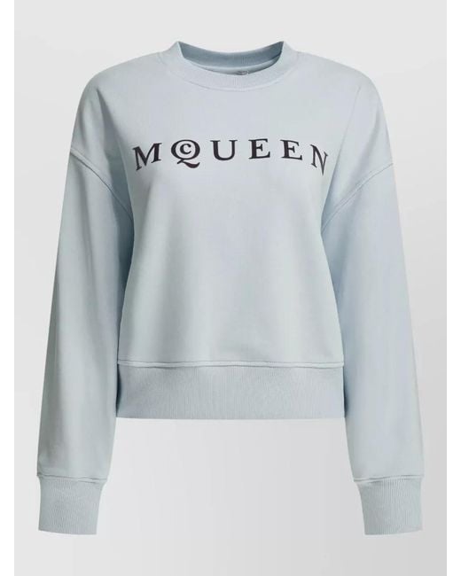 McQueen Blue Crew Neck Sweatshirt Long Sleeves Ribbed Trims