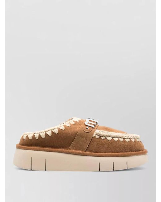 Mou Brown Slippers Embroidered Trim Flat Sole Round Toe