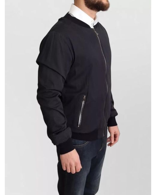 Dolce & Gabbana Blue Silk Leather Bomber Jacket for men