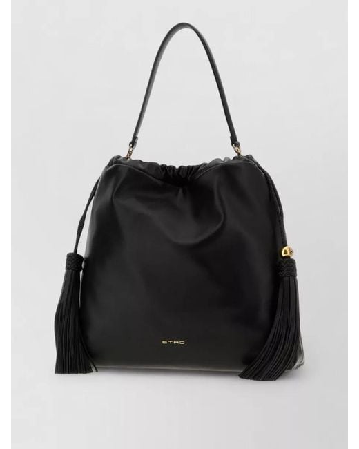 Etro Black Kalispera Medium Leather Bucket Bag Tassel Handle
