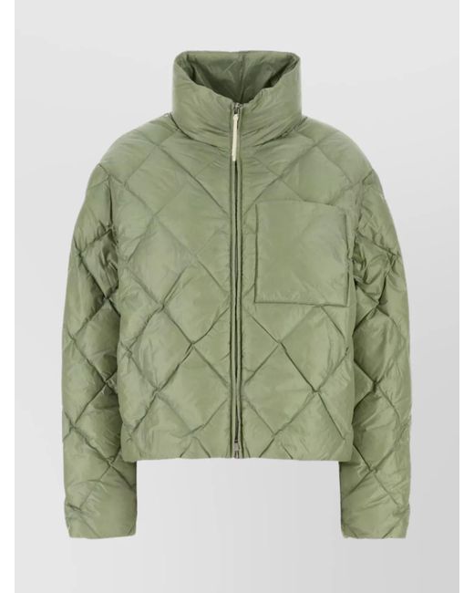 Jil Sander Green Quilted High Collar Down Jacket With Front Pocket