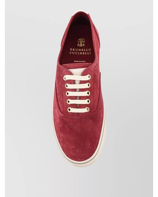 Brunello Cucinelli Red Suede Lace Up Low Top Sneakers for men