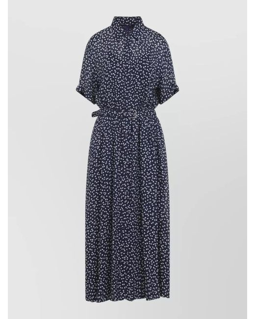 Ralph Lauren Blue Silk Blend Printed Short Sleeve Midi Shirt Dress