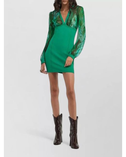 Roberto Cavalli Green Dress Fitted Silhouette Sheer Long Sleeves V Neckline