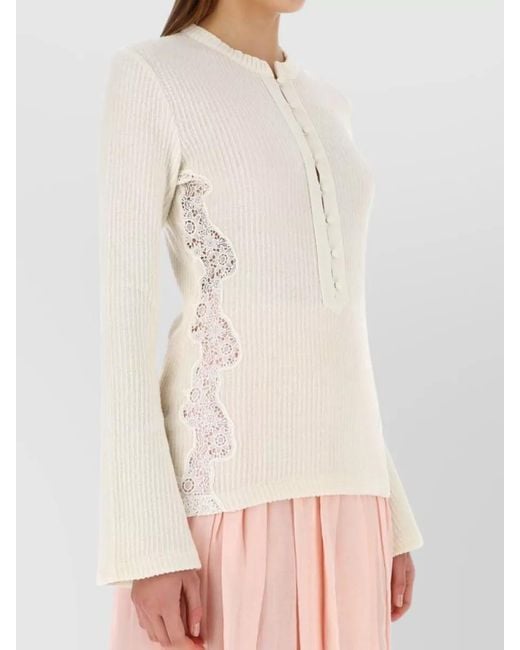 Chloé White Ribbed-Knit Virgin Wool Lace Panel Long-Sleeve Jumper