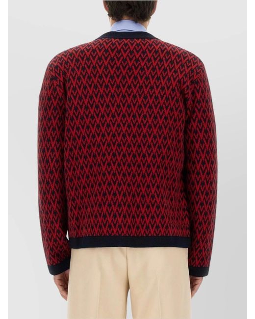 Valentino Red Virgin Wool Logo-Jacquard Cardigan for men