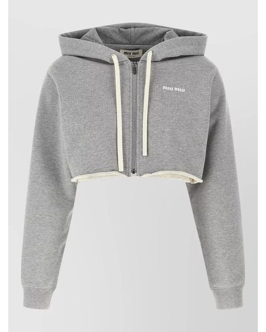 Miu Miu Gray Cotton Gauze Cropped Hoodie Long Sleeves