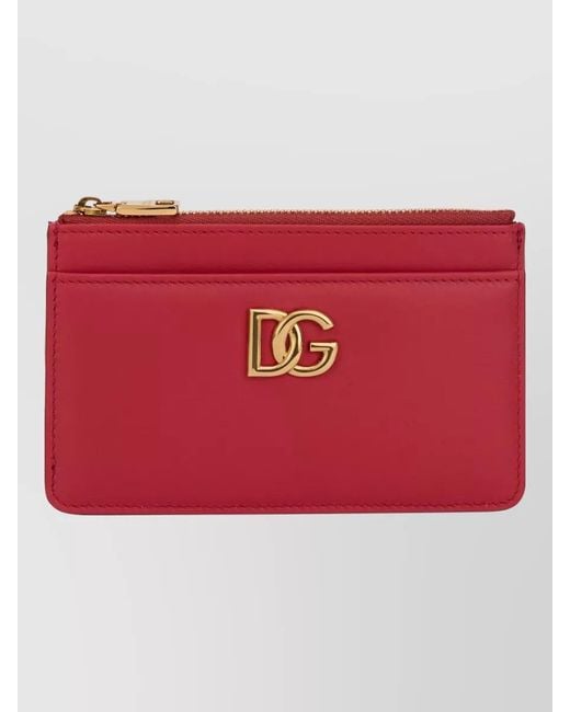 Dolce & Gabbana Red Leather Zip Card Holder Keychain