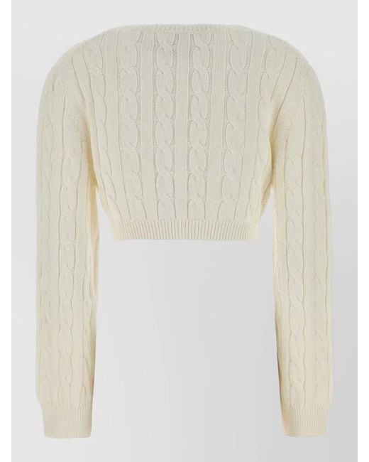 Prada White Cropped Cotton Sweater V Neck Cable Knit