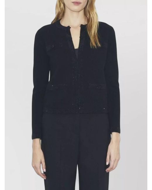 Tory Burch Black Wool Cardigan Round Neck Sequin Detailing