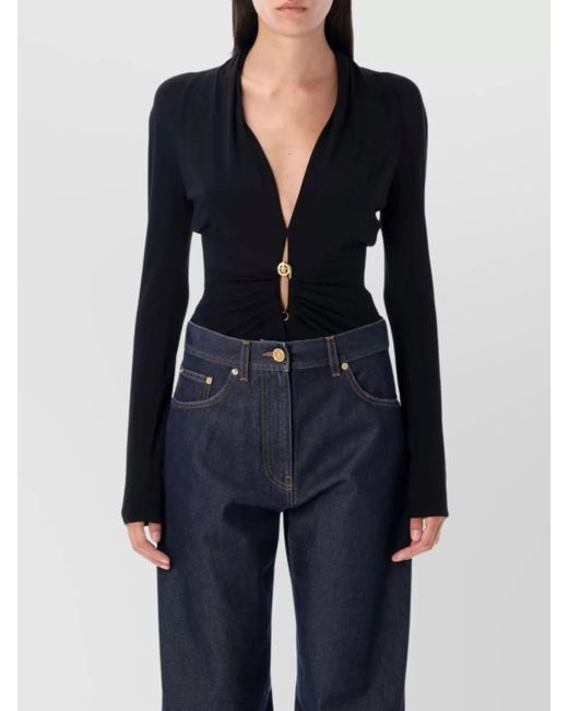 Versace Blue Draped Deep V-Neck Long-Sleeve Bodysuit