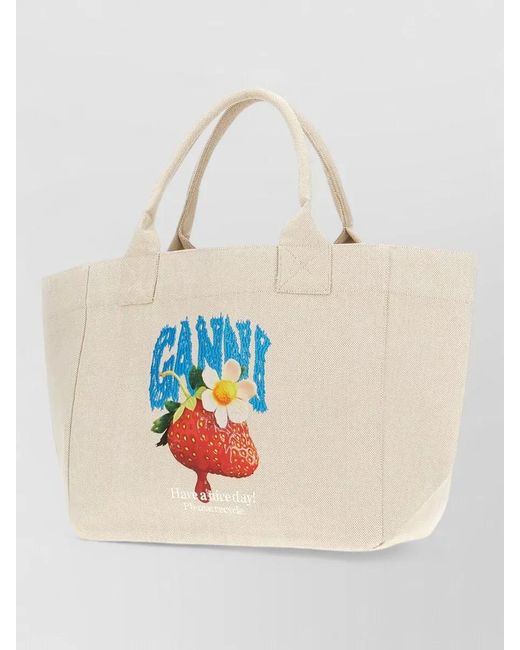 Ganni White Canvas Tote Bag Graphic Print Handles