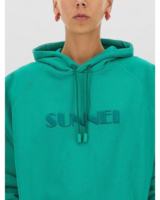 Sunnei Green Hooded Sweatshirt Logo Detail Ribbed Trims