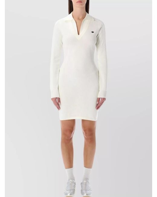 Adidas Originals White Long Sleeve Ribbed Knee-Length Dress