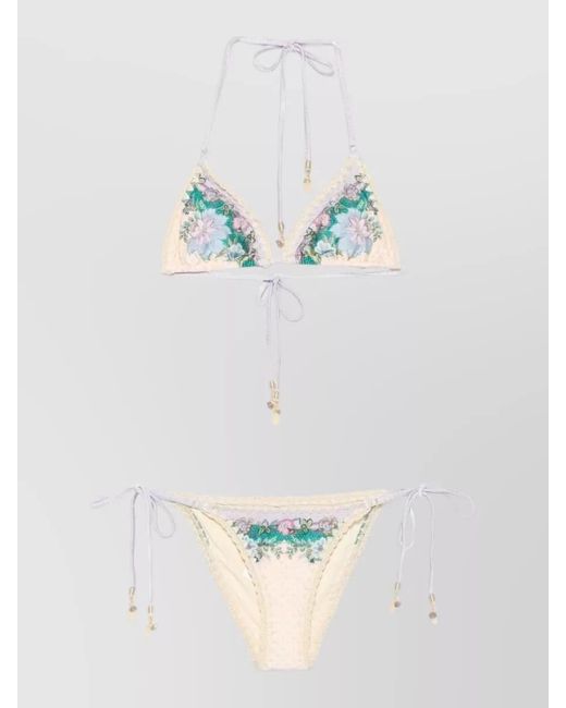Zimmermann White Floral-Print Crochet-Trim Triangle Bikini Set