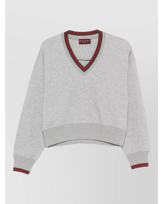 Gucci White Cropped Knit Cardigan Striped Trim V Neckline