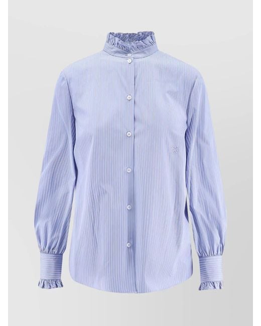 Valentino Blue Striped Ruffled Cotton Shirt