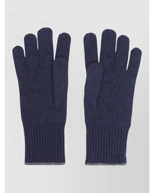 Brunello Cucinelli Blue Cashmere Knit Gloves Full Finger Ribbed Cuffs for men