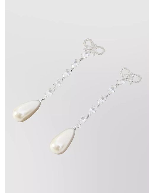 Self-Portrait White Crystal-Embellished Bow Pearl Drop Earrings