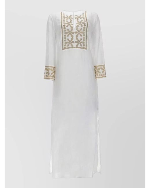 120% Lino White Dress Floral Embroidery Sheer Long Round Neckline