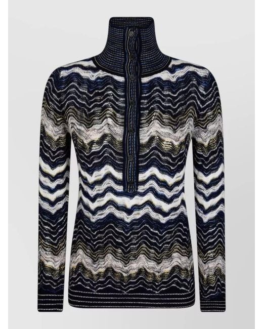 Missoni Blue Zigzag Knit Polo Long Sleeve Top