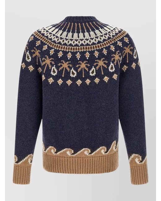 Alanui Blue Virgin Wool Jacquard Crewneck Sweater for men
