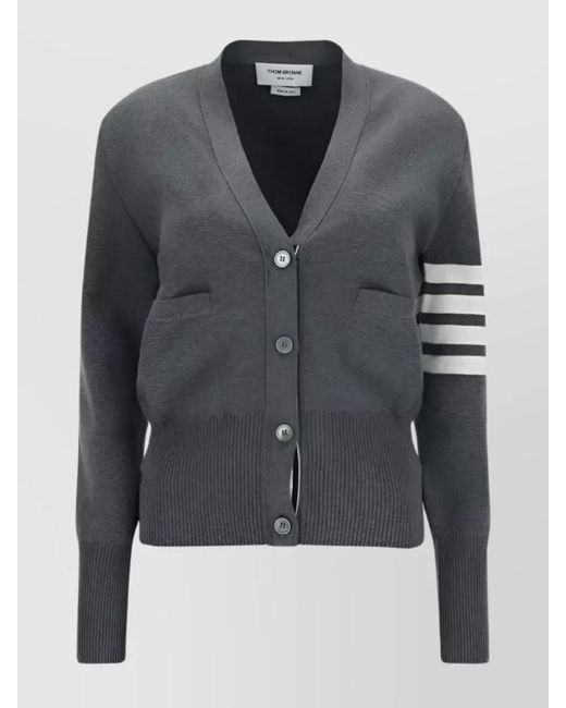 Thom Browne Gray Ribbed V-Neck Long-Sleeve Cardigan