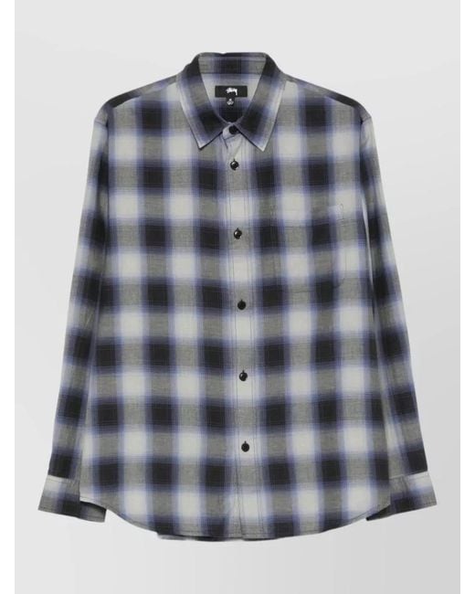 Stussy Gray Check Shirt Chest Pocket Curved Hem Long Sleeves for men
