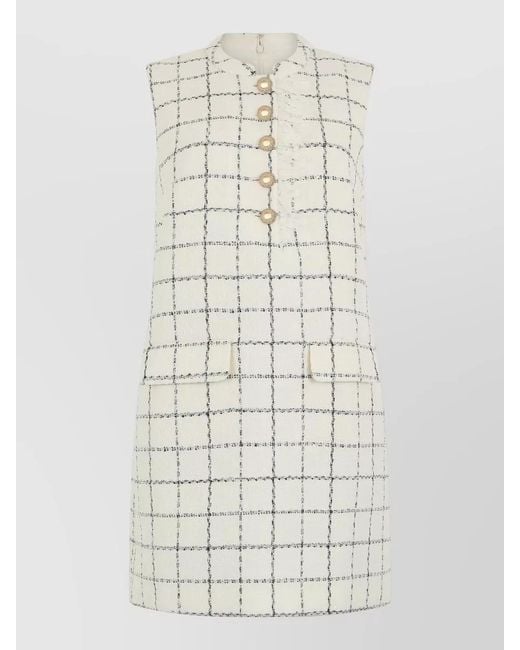Self-Portrait White Sleeveless Check Mini Dress Button Detail