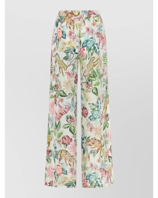 120% Lino White Linen Pants Floral Print Wide Leg