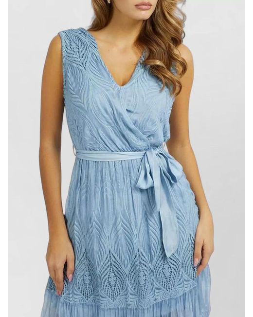 Guess Blue V Neck Sleeveless Maxi Dress Embroidered Belt