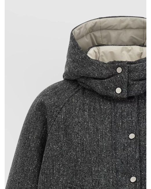 Brunello Cucinelli Black Hooded Silk Nylon Coat Elastic Cuffs Pockets