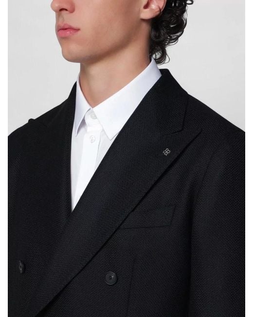 Tagliatore Black Textured Double Breasted Suit Contrast Collar for men