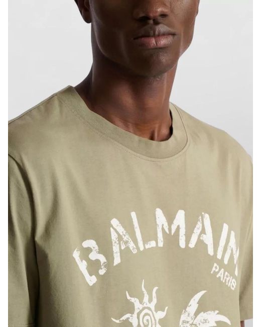 Balmain Natural Short Sleeve Crew Neck Graphic Print T-Shirt for men