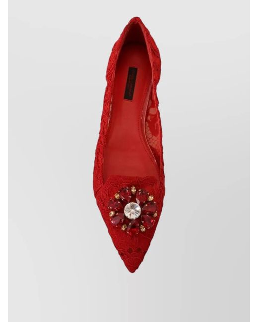 Dolce & Gabbana Red Leather Lace Crystal Embellished Ballerina Flats