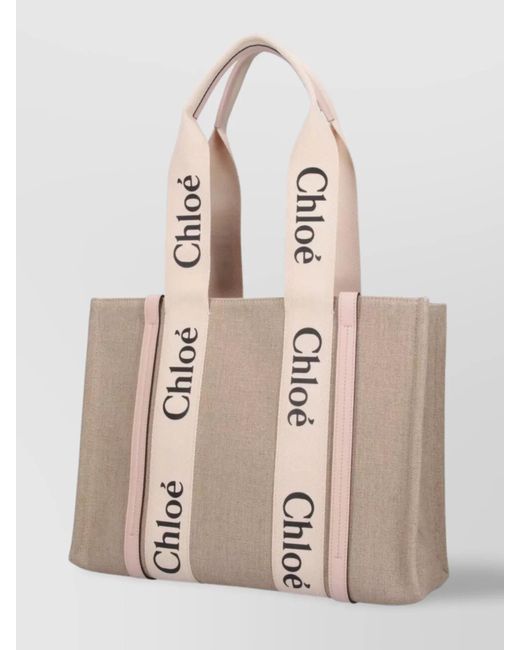 Chloé Natural Woody Linen Logo Print Tote Bag