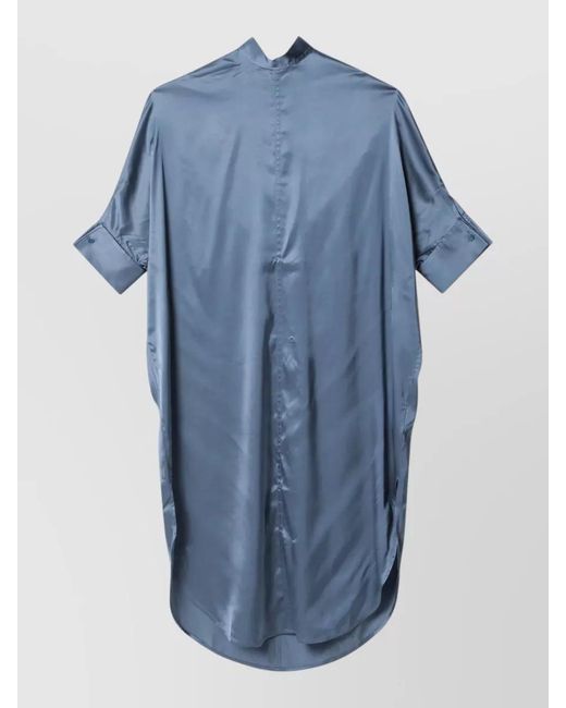 Acne Blue Satin Dress High Neckline Back Tie