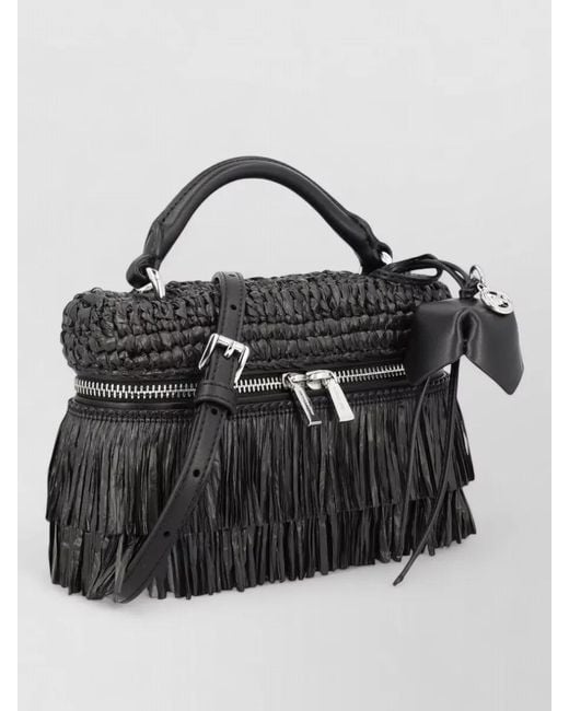 Michael Kors Black Shoulder Bag Woven Texture Fringe Top Handle