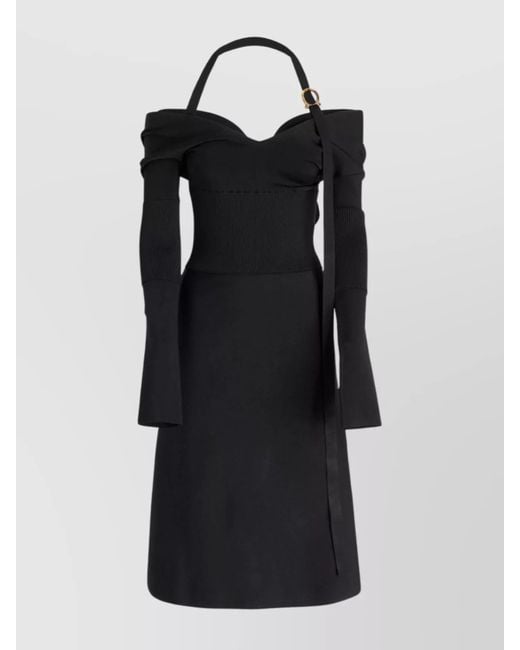 Ferragamo Black Viscose Off-Shoulder Long-Sleeve Flared Midi Dress