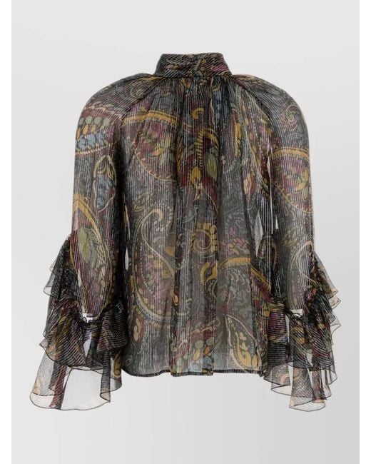 Etro Black Silk Blend Blouse Floral Sheer Pleated for men