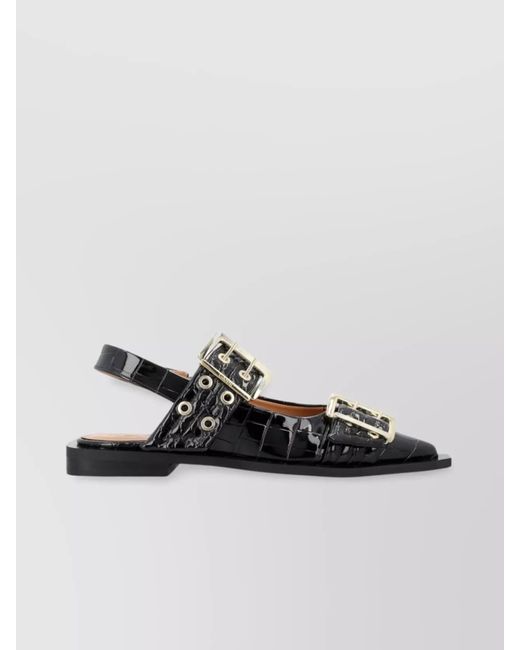 Ganni Black Patent Buckle Slingback Ballerina Shoes