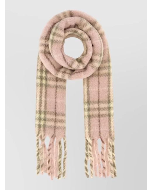 Burberry Natural Alpaca Blend Scarf Plaid Pattern Fringed